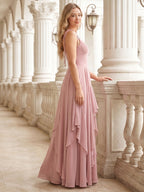 Sweet & Flowy Dusty Rose Chiffon A-Line V-Neck Back Zip with Ruffle Ankle-Length Bridesmaid Dress - Curvevia