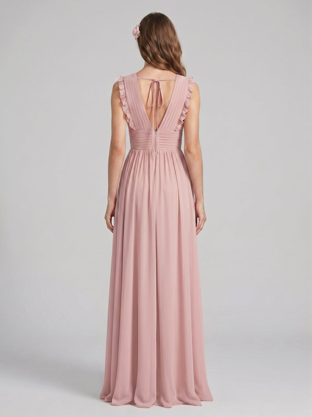 Sweet & Flowy Dusty Rose Chiffon Empire V-Neck Ankle-Length Bridesmaid Dress with Minimalist Design - Curvevia
