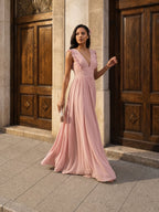 Sweet & Flowy Dusty Rose Chiffon Empire V-Neck Ankle-Length Bridesmaid Dress with Minimalist Design - Curvevia