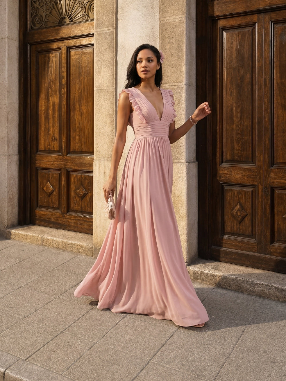 Sweet & Flowy Dusty Rose Chiffon Empire V-Neck Ankle-Length Bridesmaid Dress with Minimalist Design - Curvevia