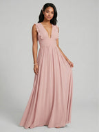Sweet & Flowy Dusty Rose Chiffon Empire V-Neck Ankle-Length Bridesmaid Dress with Minimalist Design - Curvevia