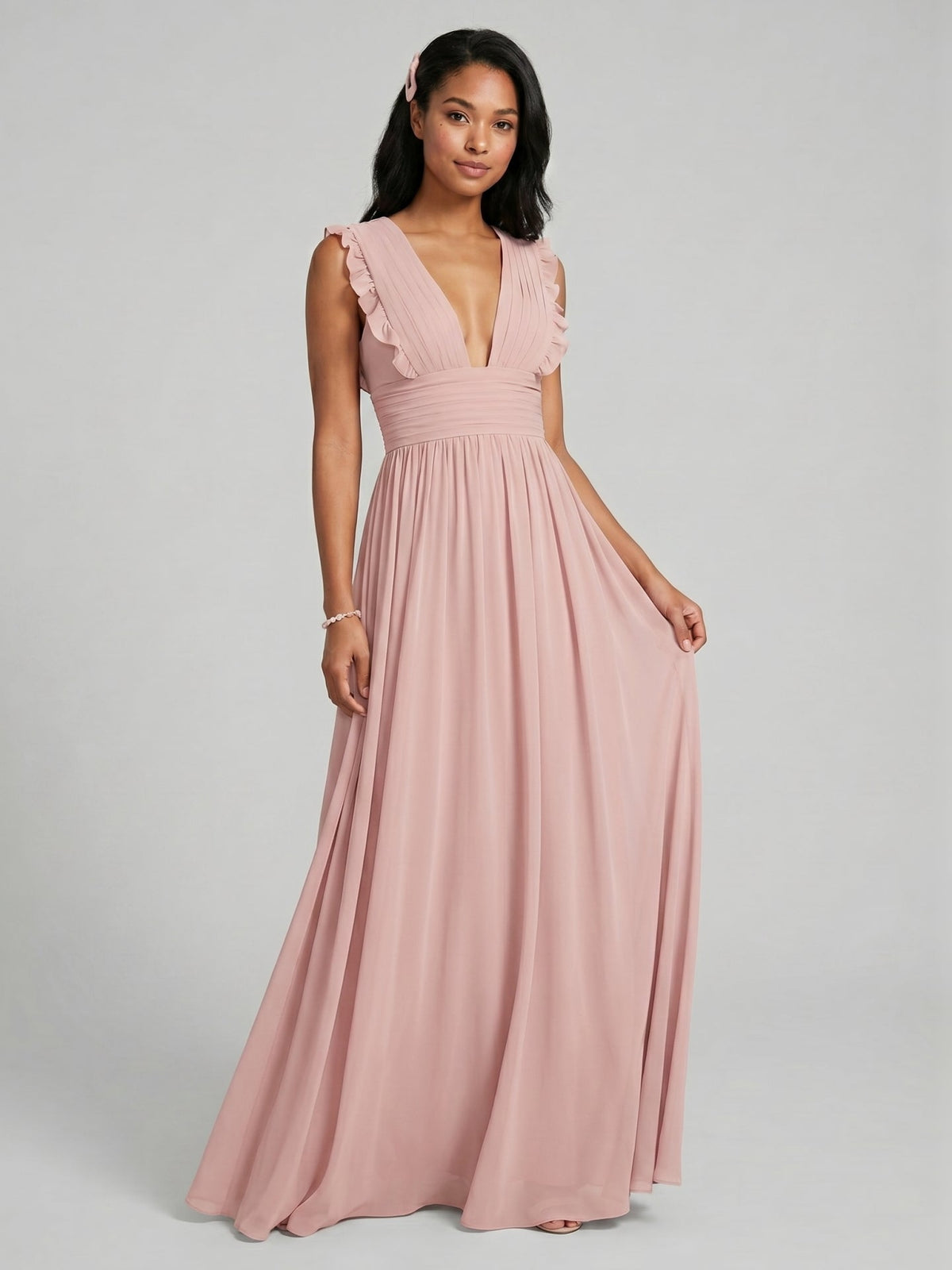 Sweet & Flowy Dusty Rose Chiffon Empire V-Neck Ankle-Length Bridesmaid Dress with Minimalist Design - Curvevia