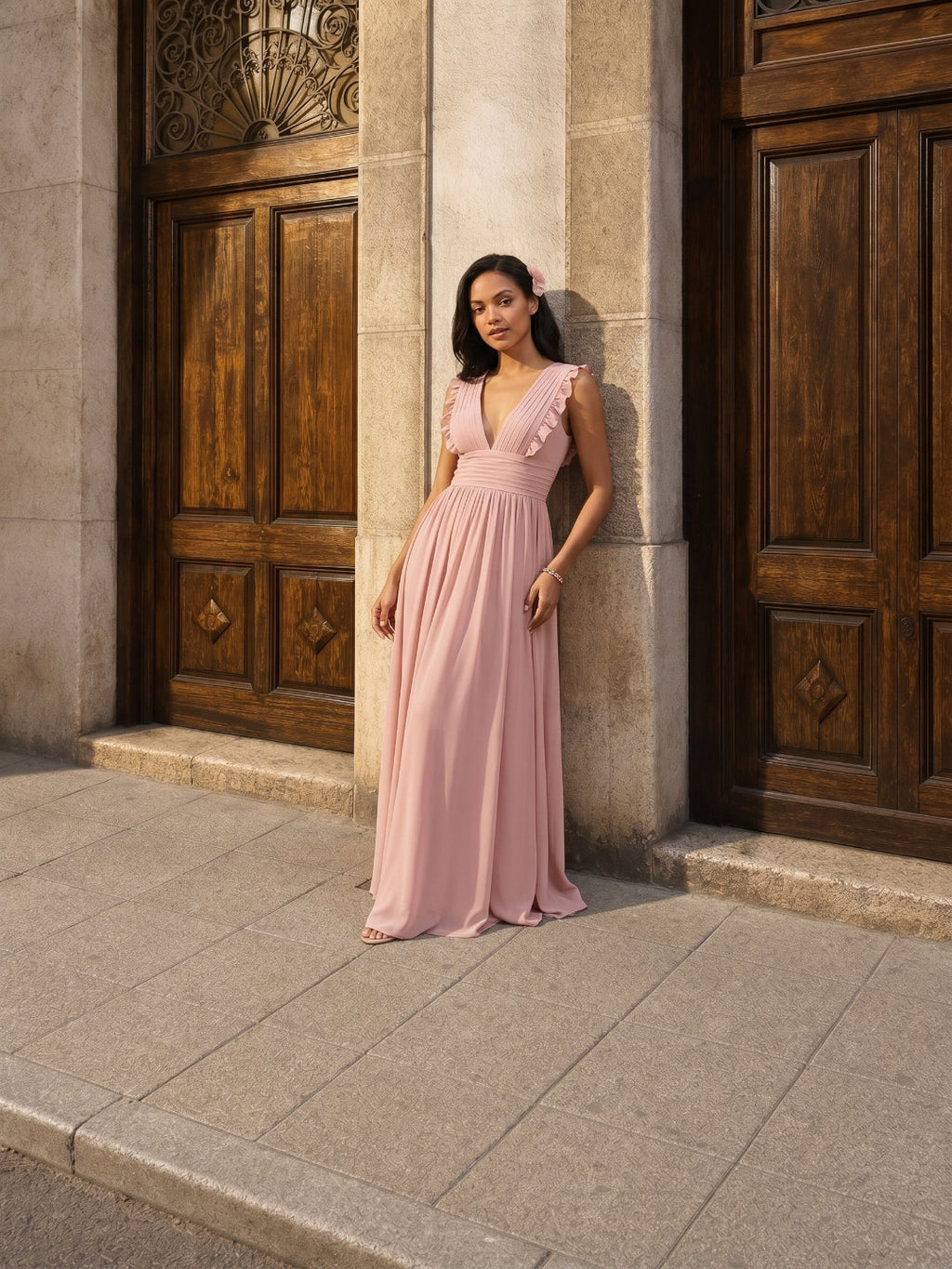 Sweet & Flowy Dusty Rose Chiffon Empire V-Neck Ankle-Length Bridesmaid Dress with Minimalist Design - Curvevia
