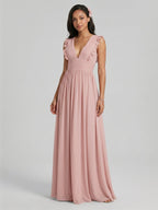 Sweet & Flowy Dusty Rose Chiffon Empire V-Neck Ankle-Length Bridesmaid Dress with Minimalist Design - Curvevia