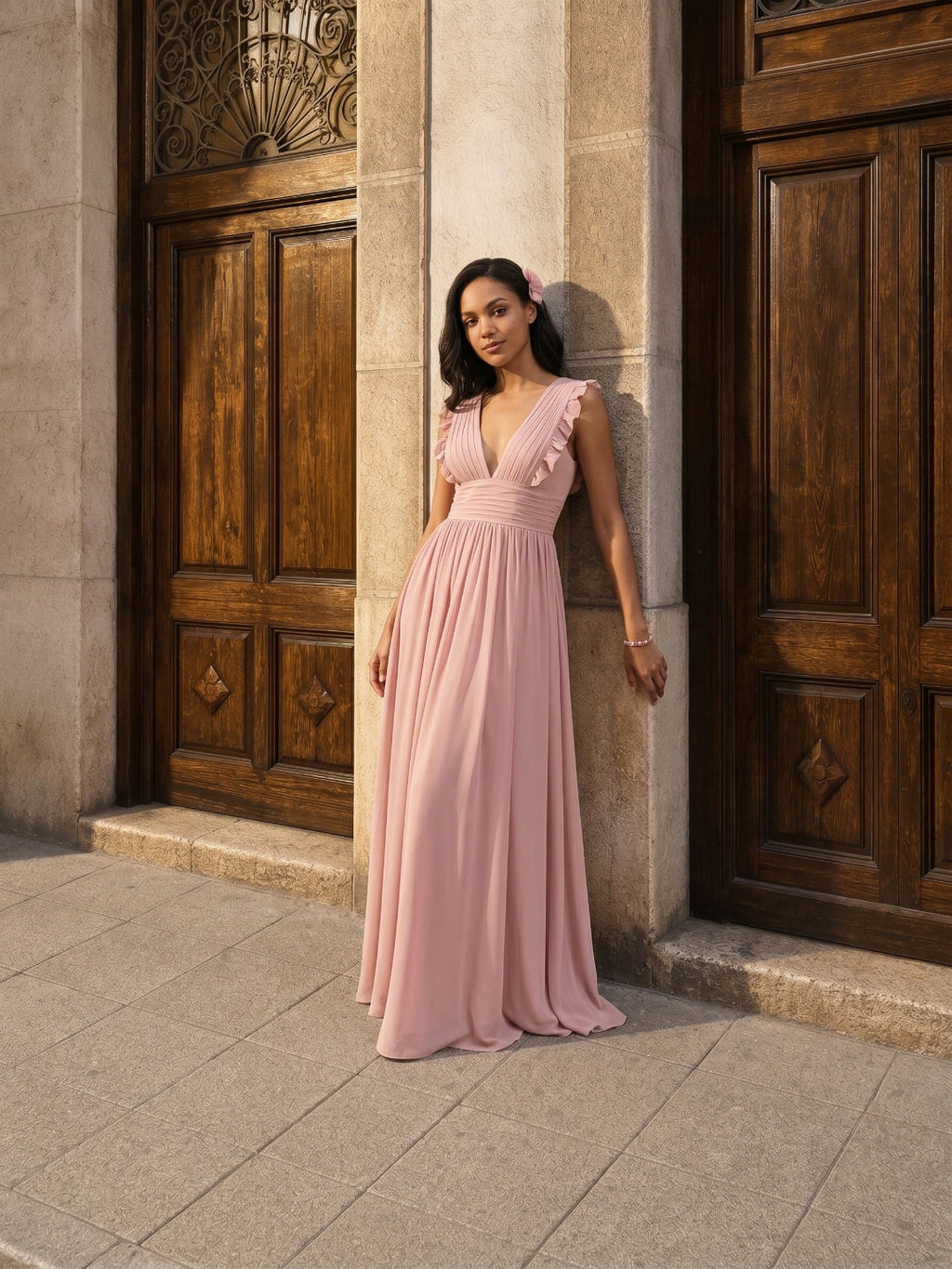 Sweet & Flowy Dusty Rose Chiffon Empire V-Neck Ankle-Length Bridesmaid Dress with Minimalist Design - Curvevia