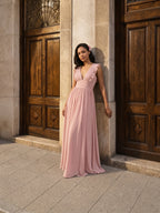 Sweet & Flowy Dusty Rose Chiffon Empire V-Neck Ankle-Length Bridesmaid Dress with Minimalist Design - Curvevia
