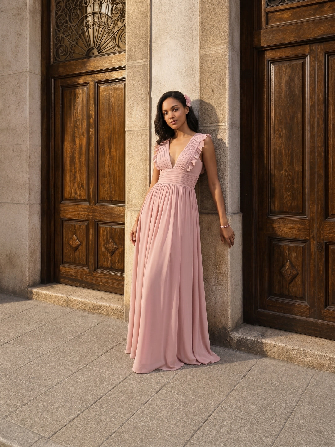 Sweet & Flowy Dusty Rose Chiffon Empire V-Neck Ankle-Length Bridesmaid Dress with Minimalist Design - Curvevia