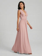 Sweet & Flowy Dusty Rose Chiffon Empire V-Neck Ankle-Length Bridesmaid Dress with Minimalist Design - Curvevia