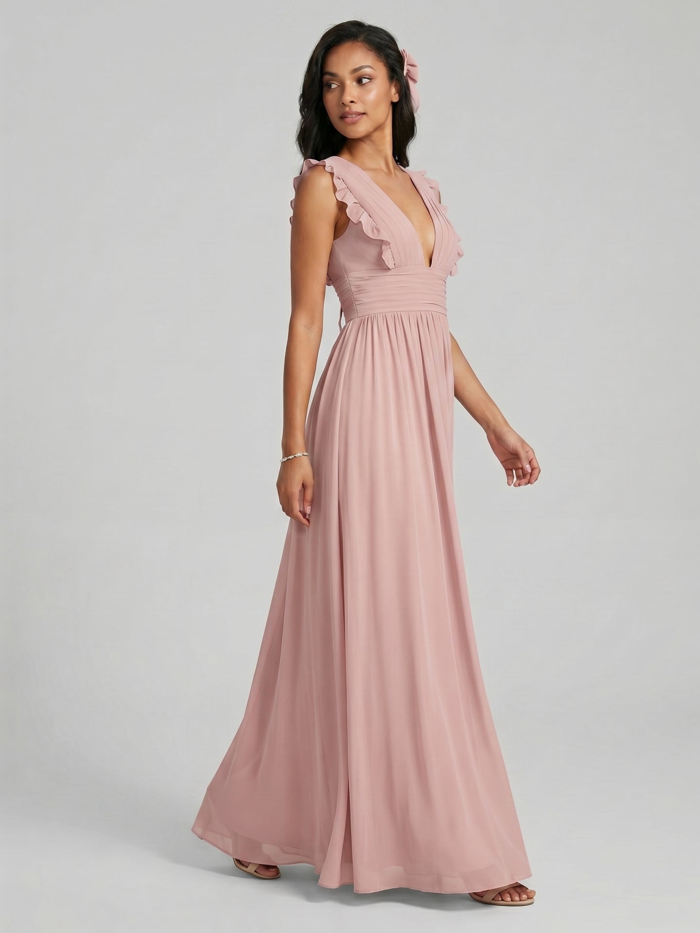 Sweet & Flowy Dusty Rose Chiffon Empire V-Neck Ankle-Length Bridesmaid Dress with Minimalist Design - Curvevia