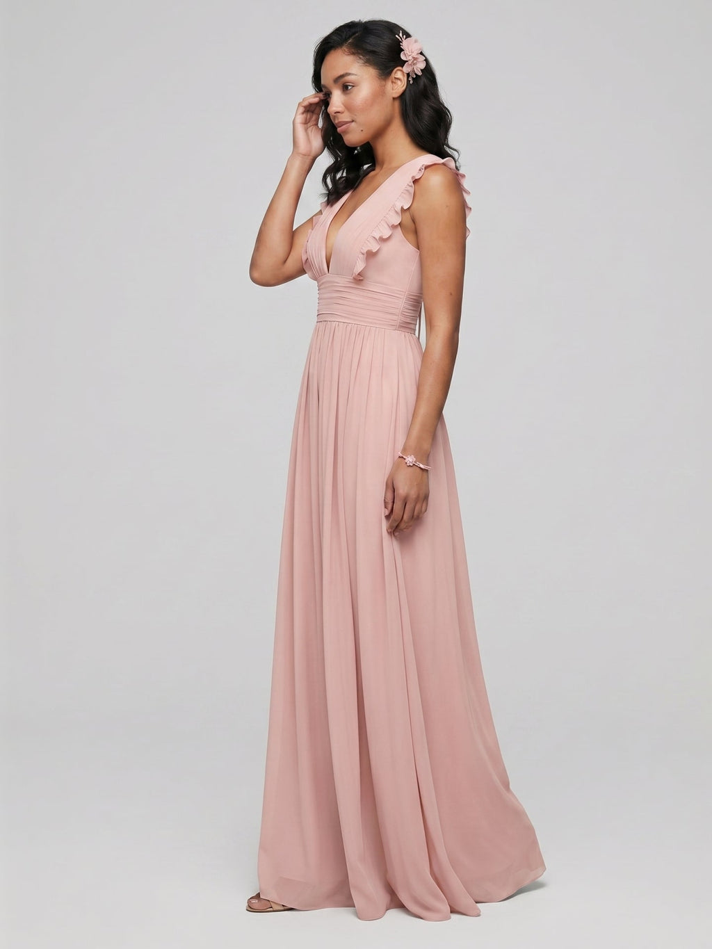 Sweet & Flowy Dusty Rose Chiffon Empire V-Neck Ankle-Length Bridesmaid Dress with Minimalist Design - Curvevia