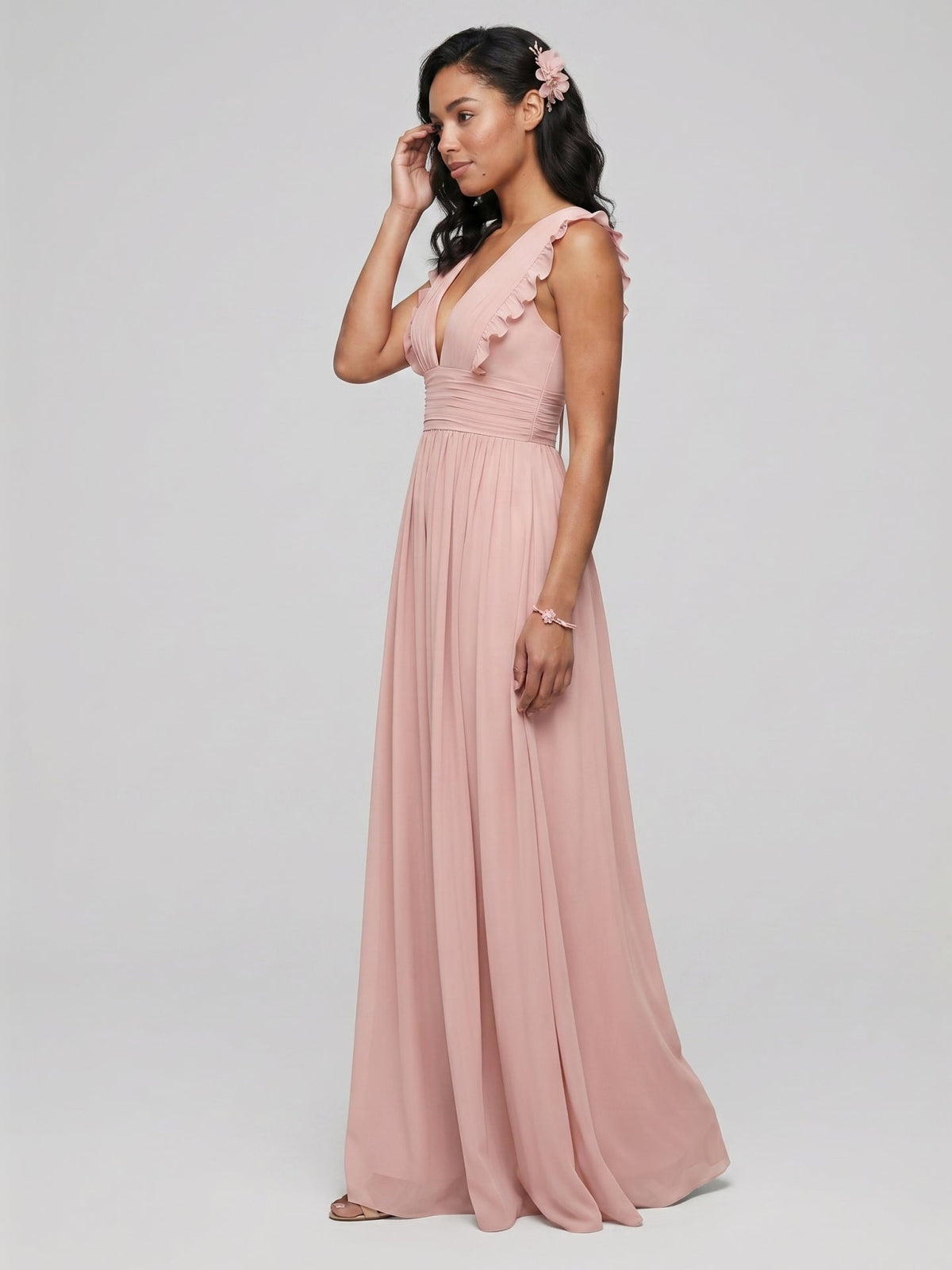 Sweet & Flowy Dusty Rose Chiffon Empire V-Neck Ankle-Length Bridesmaid Dress with Minimalist Design - Curvevia