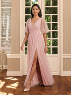 Sweet & Flowy Dusty Rose Tulle A-Line V-Neck Ankle-Length Bridesmaid Dress with Minimalist Design - Curvevia