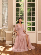 Sweet & Flowy Dusty Rose Tulle A-Line V-Neck Ankle-Length Bridesmaid Dress with Minimalist Design - Curvevia