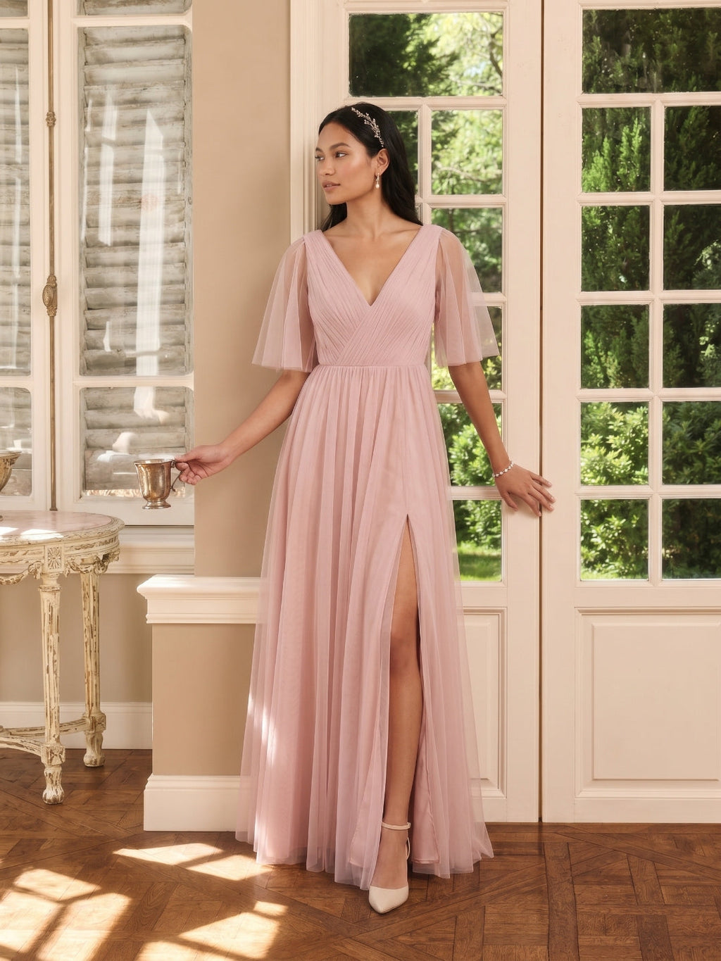 Sweet & Flowy Dusty Rose Tulle A-Line V-Neck Ankle-Length Bridesmaid Dress with Minimalist Design - Curvevia