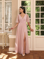 Sweet & Flowy Dusty Rose Tulle A-Line V-Neck Ankle-Length Bridesmaid Dress with Minimalist Design - Curvevia