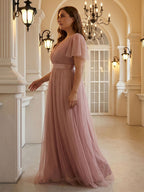 Sweet & Flowy Dusty Rose Tulle Empire V-Neck Back Zip Ankle-Length Plus Size Bridesmaid Dress - Curvevia
