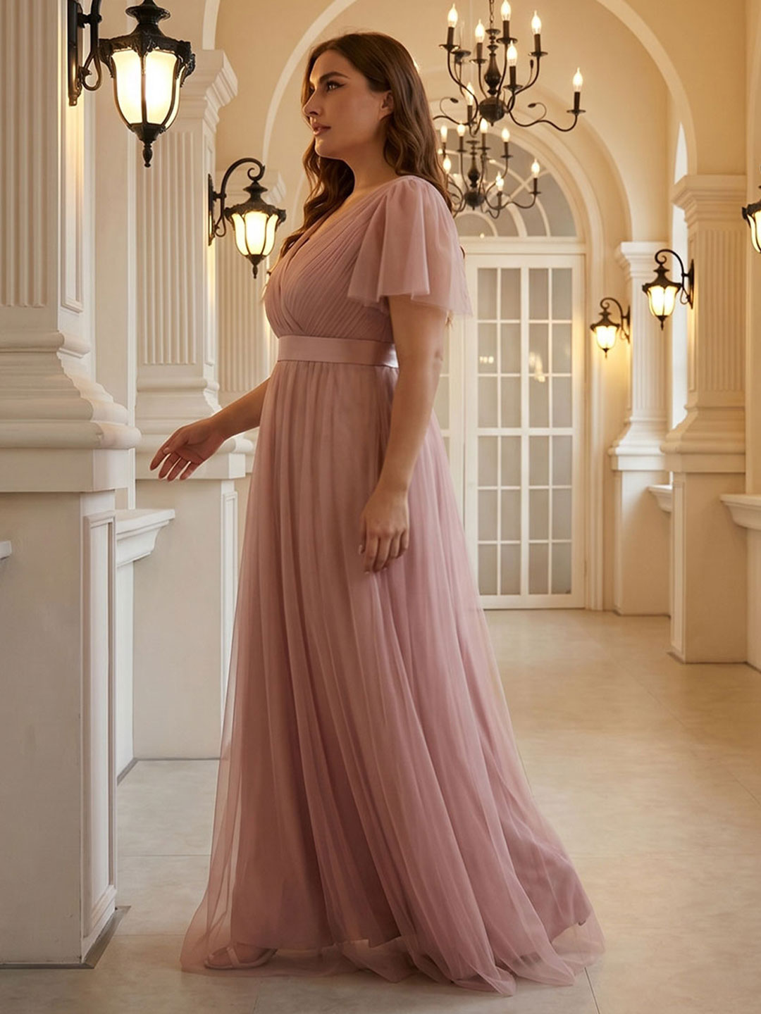Sweet & Flowy Dusty Rose Tulle Empire V-Neck Back Zip Ankle-Length Plus Size Bridesmaid Dress - Curvevia