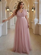 Sweet & Flowy Dusty Rose Tulle Empire V-Neck Back Zip Ankle-Length Plus Size Bridesmaid Dress - Curvevia