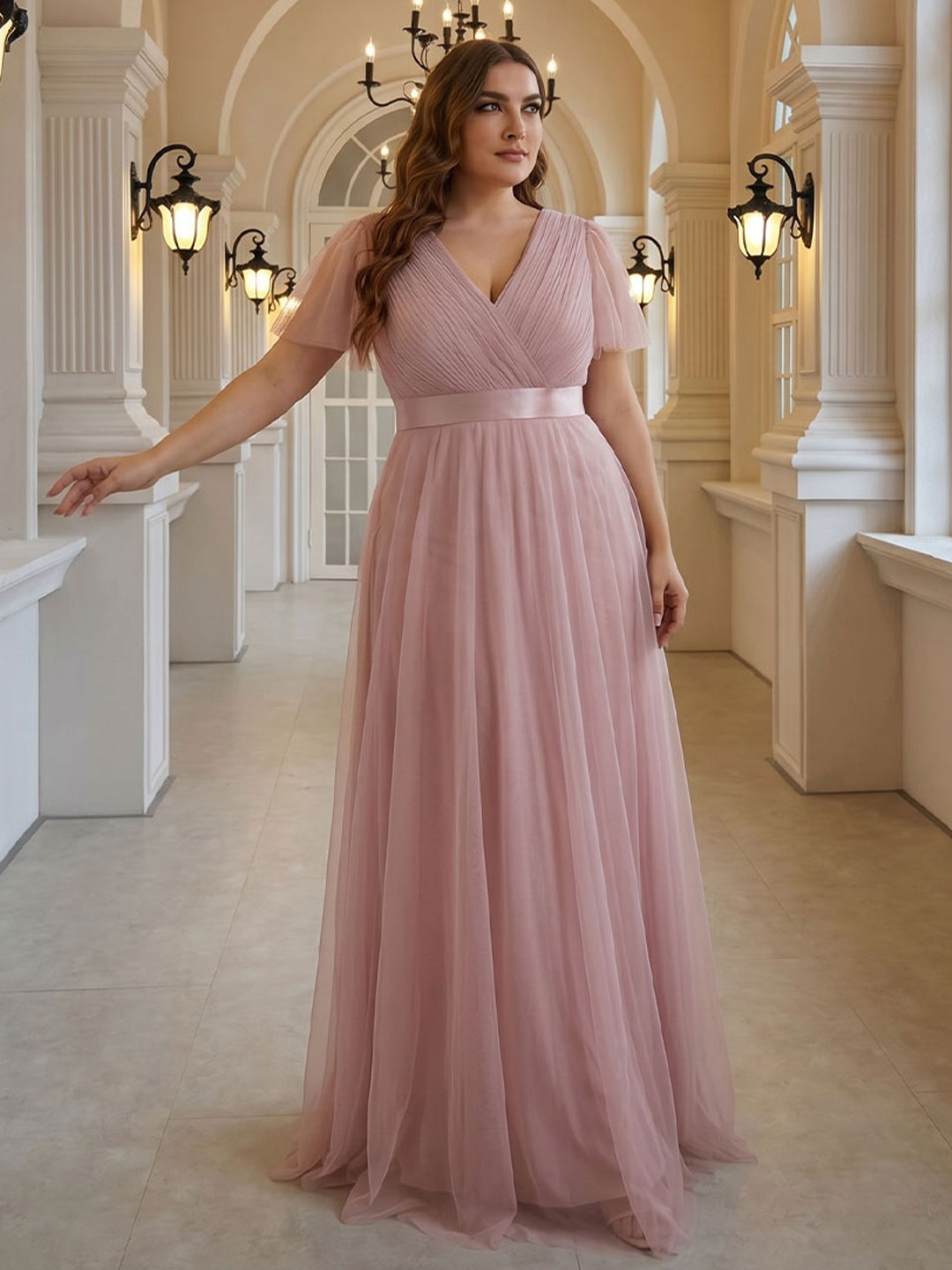 Sweet & Flowy Dusty Rose Tulle Empire V-Neck Back Zip Ankle-Length Plus Size Bridesmaid Dress - Curvevia