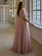 Sweet & Flowy Dusty Rose Tulle Empire V-Neck Back Zip Ankle-Length Plus Size Bridesmaid Dress - Curvevia