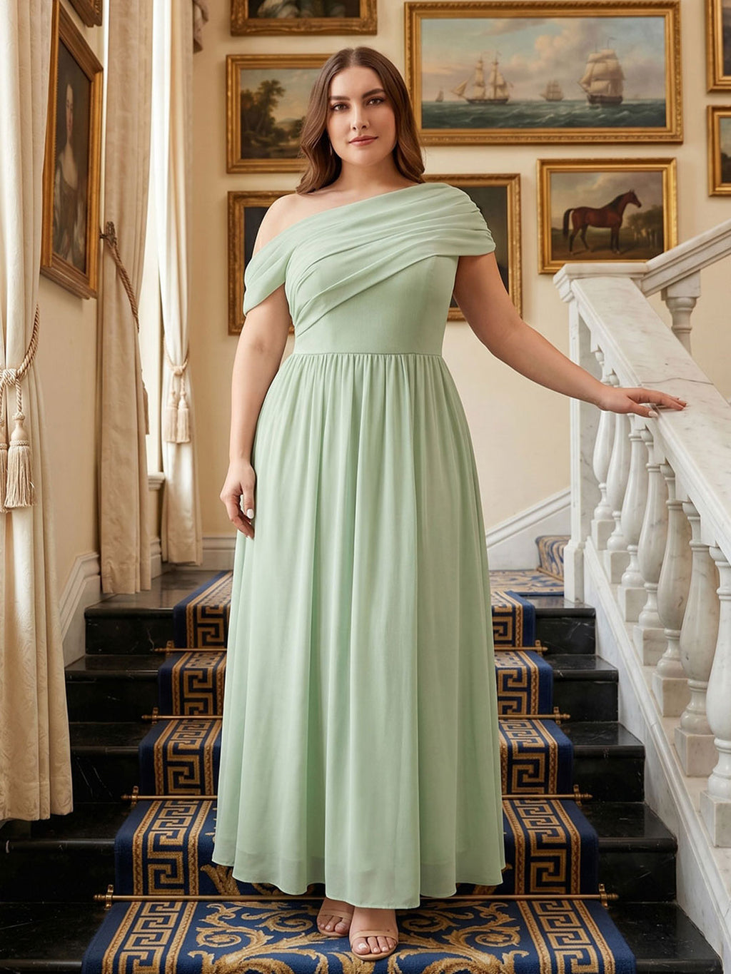 Sweet & Flowy Dusty Sage Chiffon A-Line One Shoulder Back Zip Ankle-Length Plus Size Bridesmaid Dress - Curvevia