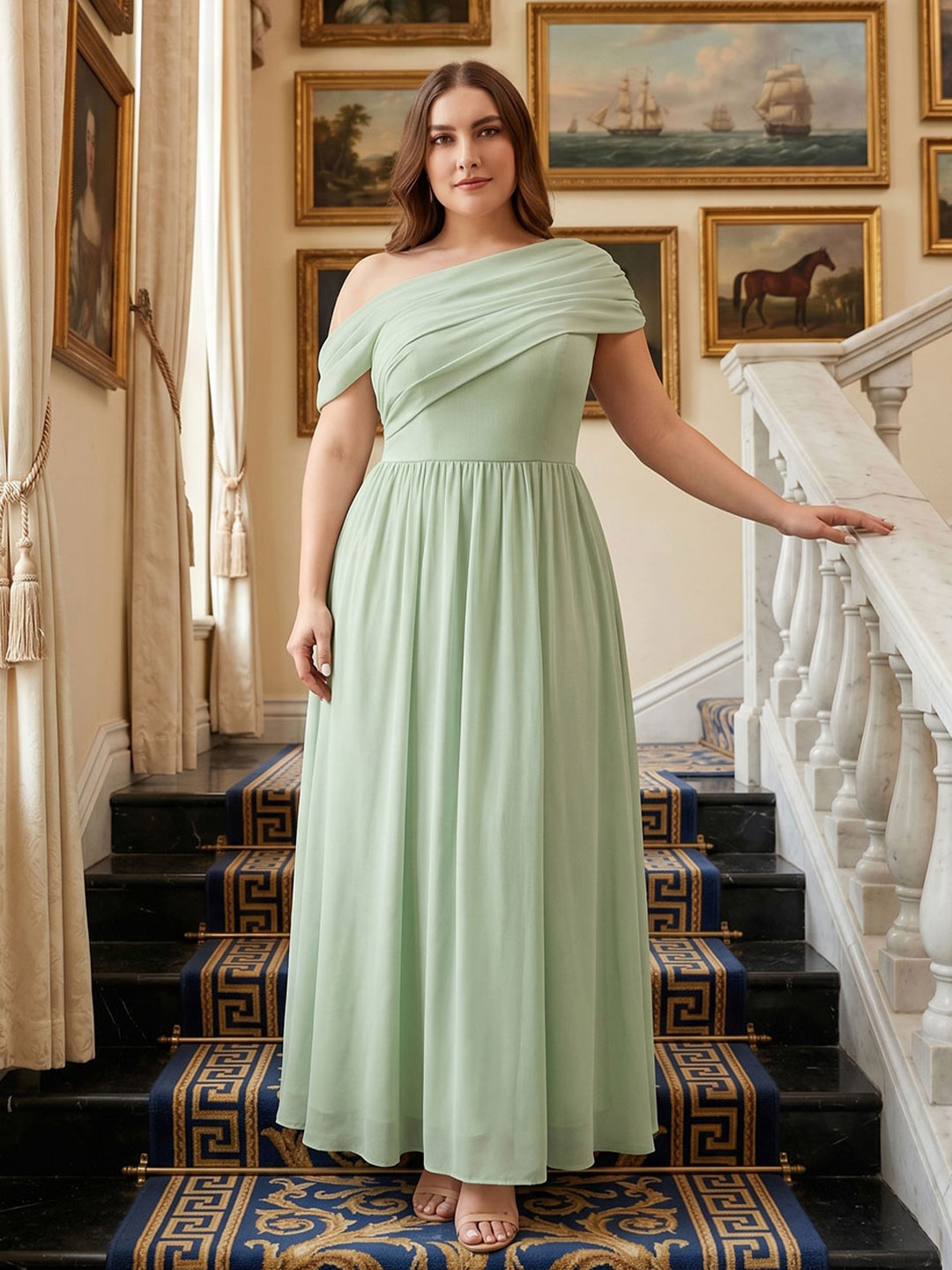 Sweet & Flowy Dusty Sage Chiffon A-Line One Shoulder Back Zip Ankle-Length Plus Size Bridesmaid Dress - Curvevia