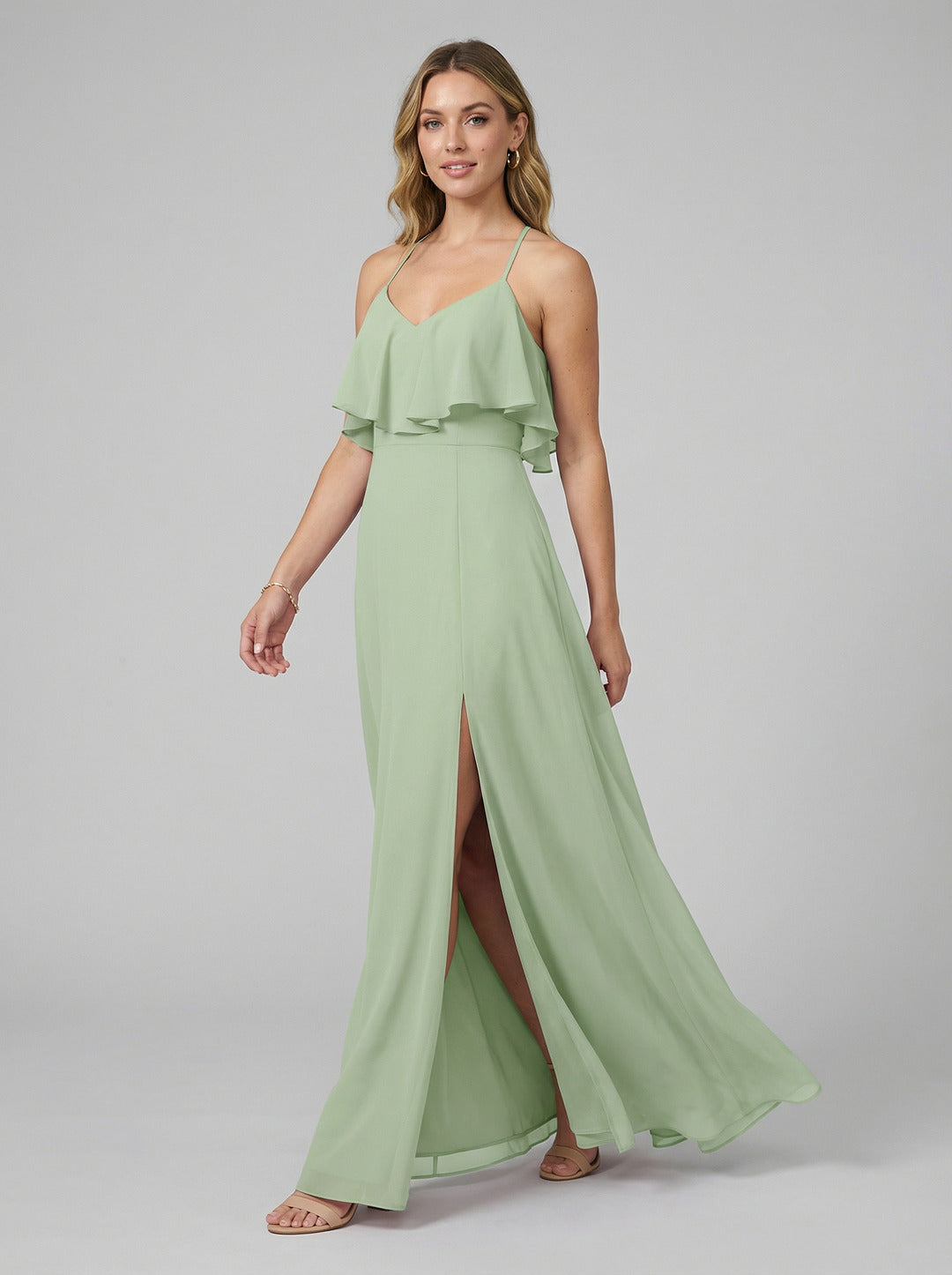 Sweet & Flowy Dusty Sage Chiffon A-Line Sweetheart V-Back Ankle-Length Bridesmaid Dress - Curvevia