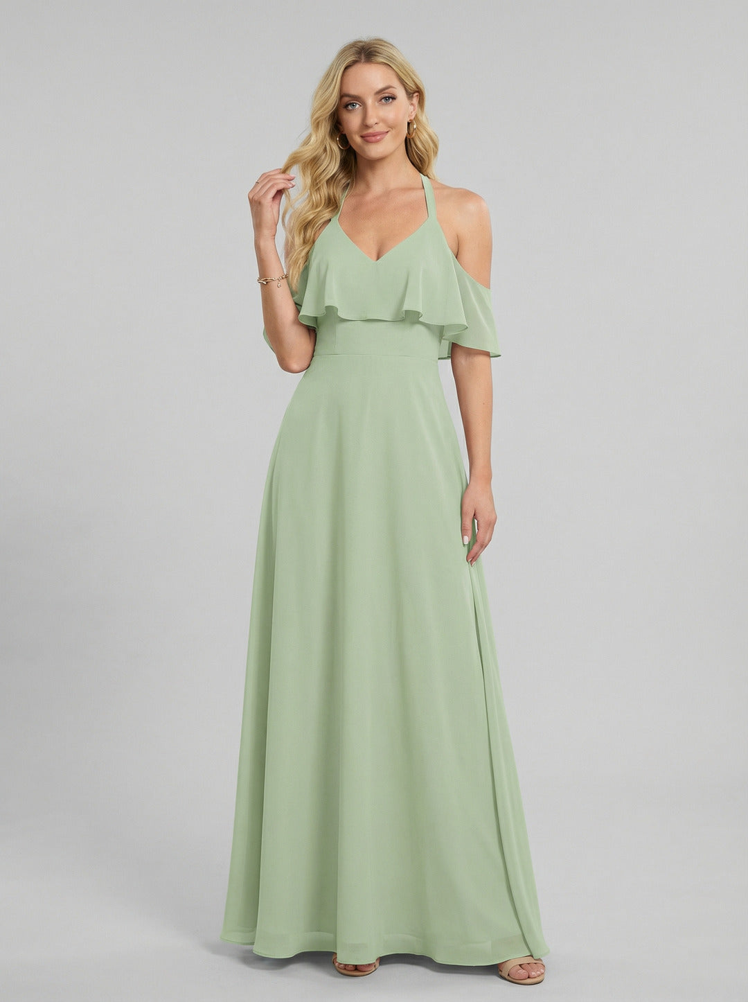 Sweet & Flowy Dusty Sage Chiffon A-Line Sweetheart V-Back Ankle-Length Bridesmaid Dress - Curvevia