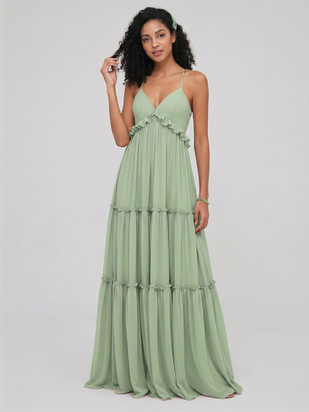 Sweet & Flowy Dusty Sage Chiffon Empire Sweetheart Ankle-Length Bridesmaid Dress with Minimalist Design - Curvevia