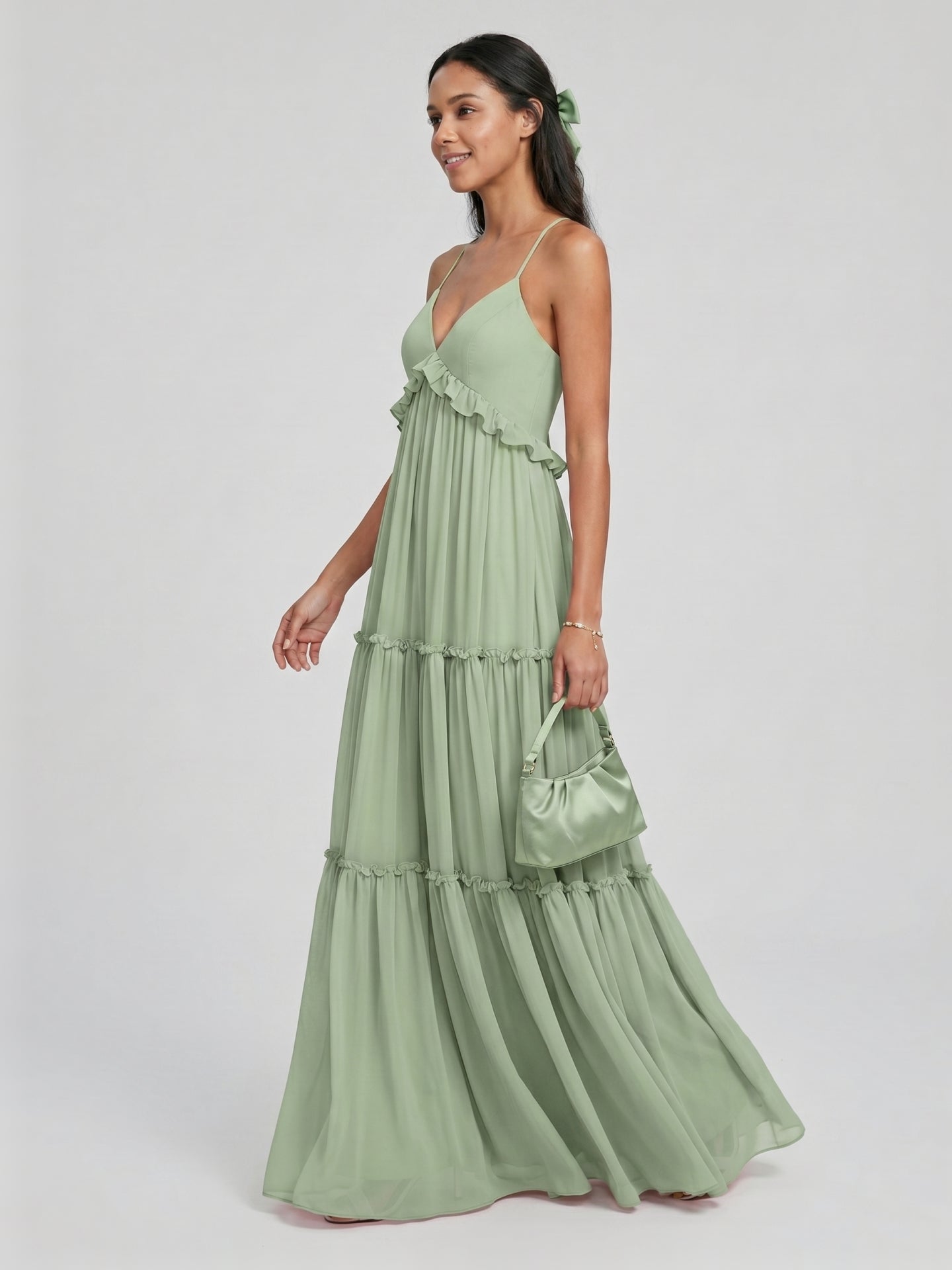 Sweet & Flowy Dusty Sage Chiffon Empire Sweetheart Ankle-Length Bridesmaid Dress with Minimalist Design - Curvevia