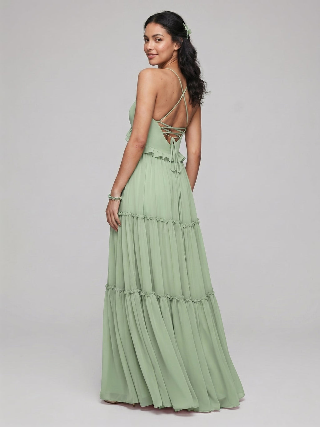 Sweet & Flowy Dusty Sage Chiffon Empire Sweetheart Ankle-Length Bridesmaid Dress with Minimalist Design - Curvevia