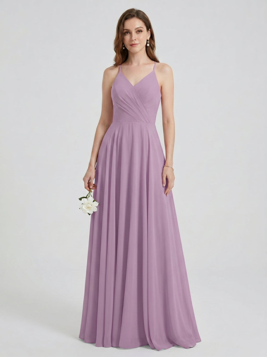 Sweet & Flowy Lavender Chiffon A-Line V-Neck Back Zip with Pleated Ankle-Length Bridesmaid Dress - Curvevia