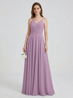 Sweet & Flowy Lavender Chiffon A-Line V-Neck Back Zip with Pleated Ankle-Length Bridesmaid Dress - Curvevia