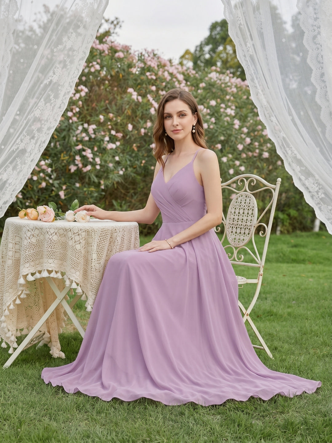 Sweet & Flowy Lavender Chiffon A-Line V-Neck Back Zip with Pleated Ankle-Length Bridesmaid Dress - Curvevia
