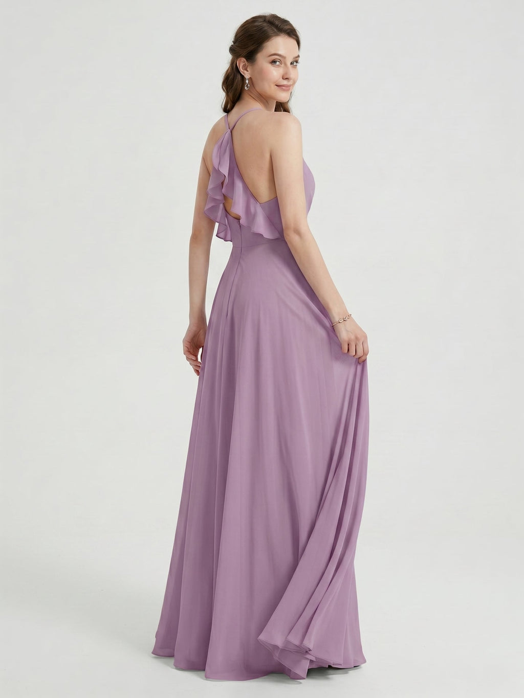 Sweet & Flowy Lavender Chiffon A-Line V-Neck Back Zip with Pleated Ankle-Length Bridesmaid Dress - Curvevia