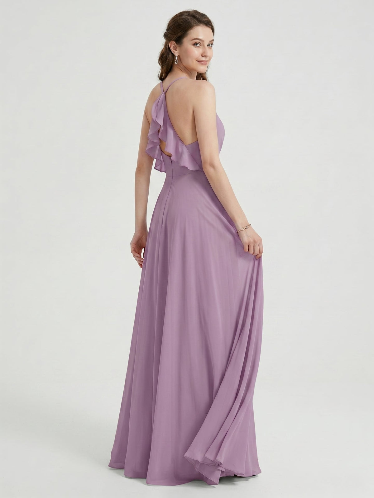 Sweet & Flowy Lavender Chiffon A-Line V-Neck Back Zip with Pleated Ankle-Length Bridesmaid Dress - Curvevia