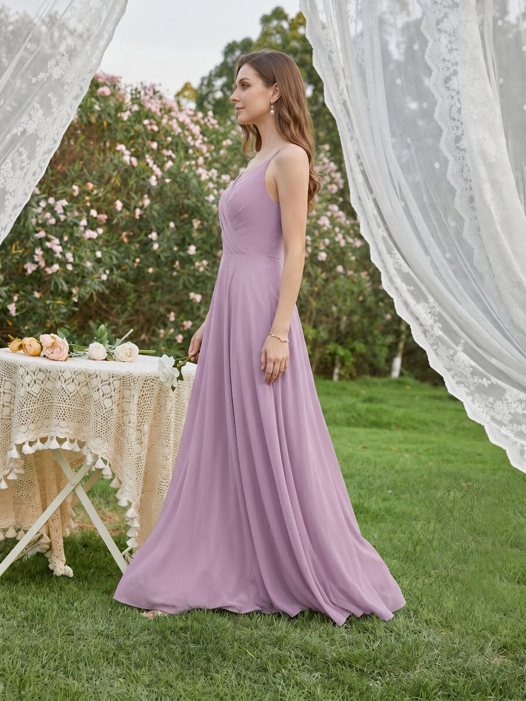 Sweet & Flowy Lavender Chiffon A-Line V-Neck Back Zip with Pleated Ankle-Length Bridesmaid Dress - Curvevia