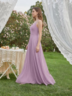 Sweet & Flowy Lavender Chiffon A-Line V-Neck Back Zip with Pleated Ankle-Length Bridesmaid Dress - Curvevia