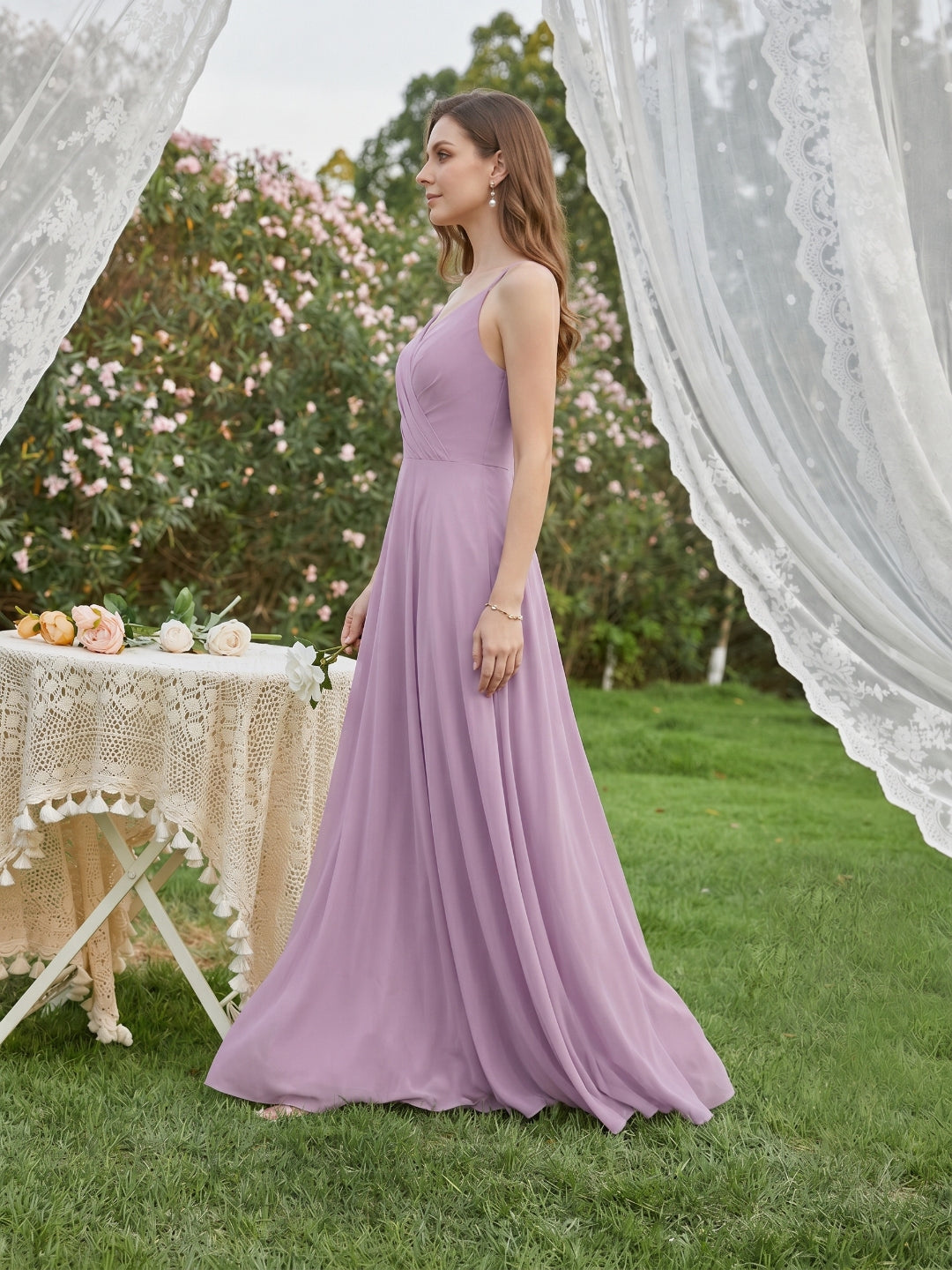Sweet & Flowy Lavender Chiffon A-Line V-Neck Back Zip with Pleated Ankle-Length Bridesmaid Dress - Curvevia