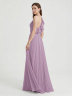 Sweet & Flowy Lavender Chiffon A-Line V-Neck Back Zip with Pleated Ankle-Length Bridesmaid Dress - Curvevia