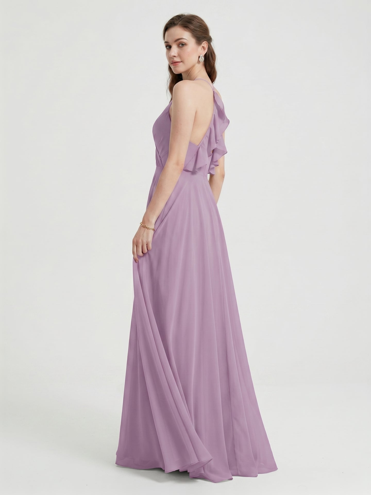 Sweet & Flowy Lavender Chiffon A-Line V-Neck Back Zip with Pleated Ankle-Length Bridesmaid Dress - Curvevia