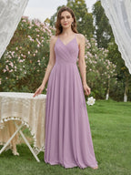 Sweet & Flowy Lavender Chiffon A-Line V-Neck Back Zip with Pleated Ankle-Length Bridesmaid Dress - Curvevia