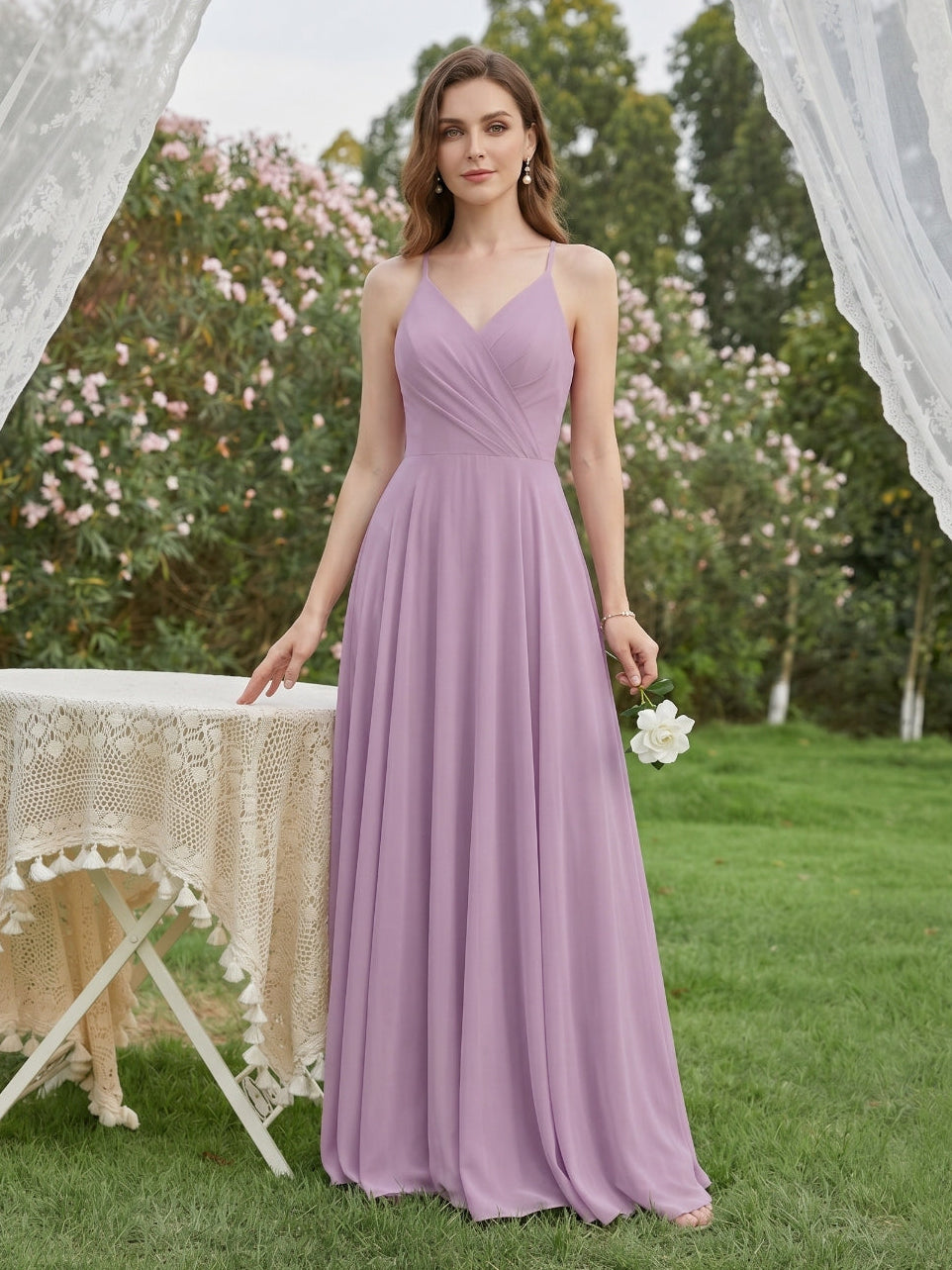 Sweet & Flowy Lavender Chiffon A-Line V-Neck Back Zip with Pleated Ankle-Length Bridesmaid Dress - Curvevia