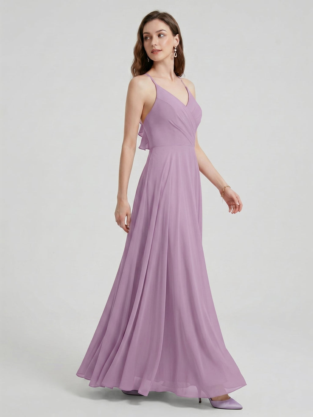 Sweet & Flowy Lavender Chiffon A-Line V-Neck Back Zip with Pleated Ankle-Length Bridesmaid Dress - Curvevia