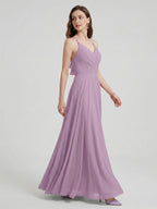 Sweet & Flowy Lavender Chiffon A-Line V-Neck Back Zip with Pleated Ankle-Length Bridesmaid Dress - Curvevia