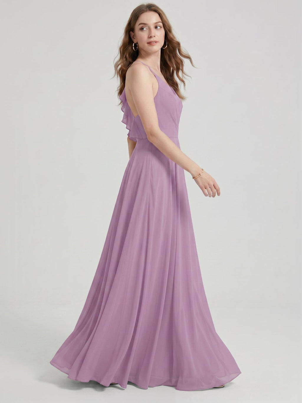 Sweet & Flowy Lavender Chiffon A-Line V-Neck Back Zip with Pleated Ankle-Length Bridesmaid Dress - Curvevia