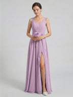 Sweet & Flowy Lavender Chiffon A-Line V-Neck V-Back with Pleated Ankle-Length Bridesmaid Dress - Curvevia