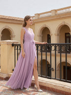 Sweet & Flowy Lavender Chiffon A-Line V-Neck V-Back with Pleated Ankle-Length Bridesmaid Dress - Curvevia