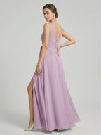 Sweet & Flowy Lavender Chiffon A-Line V-Neck V-Back with Pleated Ankle-Length Bridesmaid Dress - Curvevia