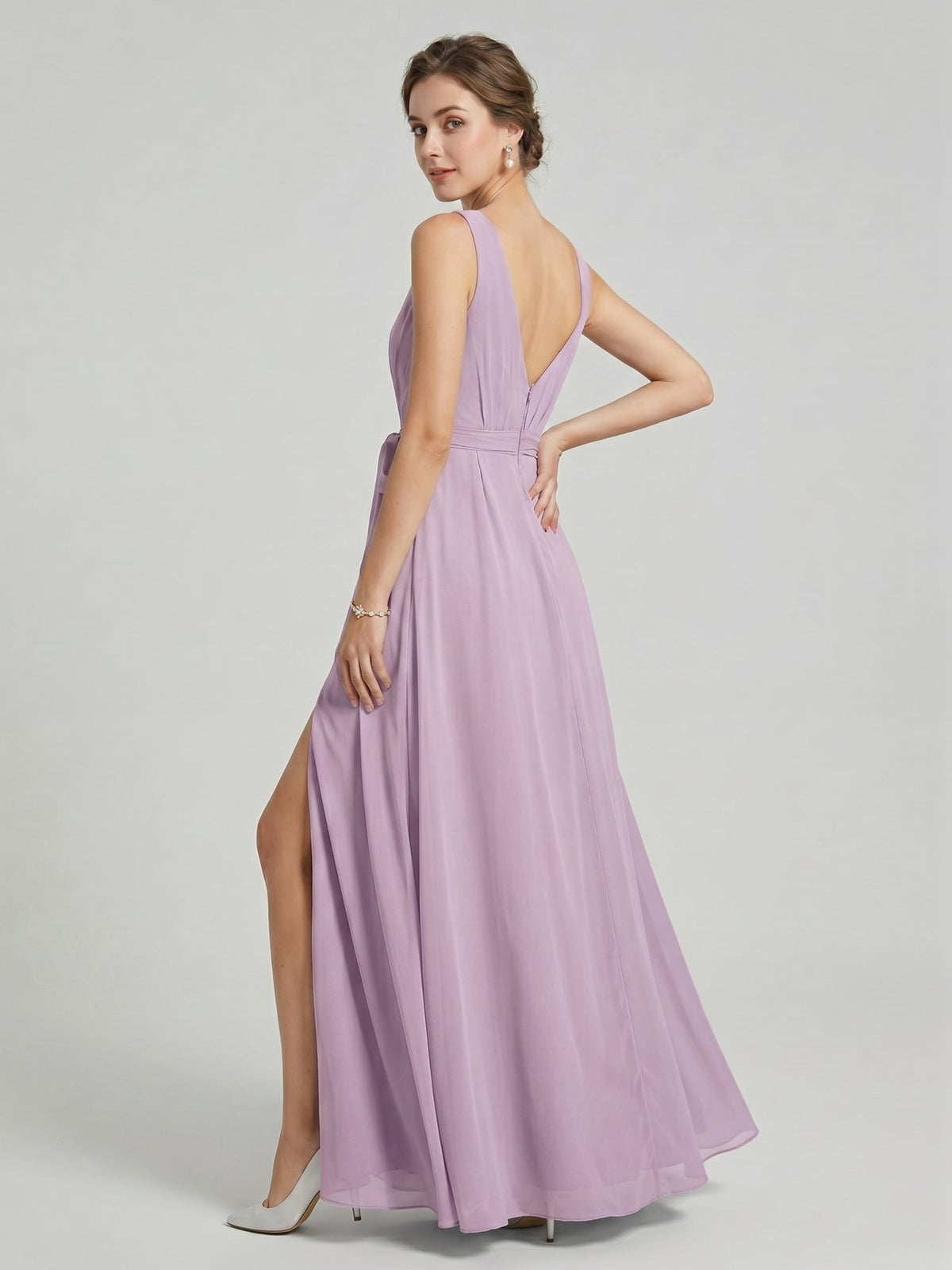 Sweet & Flowy Lavender Chiffon A-Line V-Neck V-Back with Pleated Ankle-Length Bridesmaid Dress - Curvevia